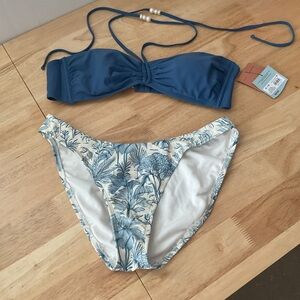 2 Pc Swimsuit Blue Cream Floral XL Bralette Bikini Top Lg High Leg Bikini Bottom